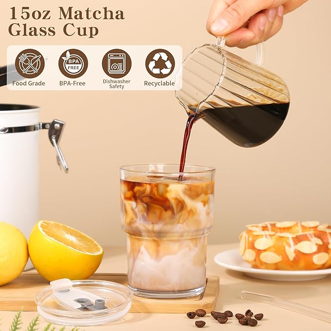 15oz Iced Coffee Cups with Lids Reusable,2Pcs Glass Matcha Cups,Glass Cups with Lids and Straws,Clear Glass Coffee Tumbler for Drinking Water,Tea,Juice