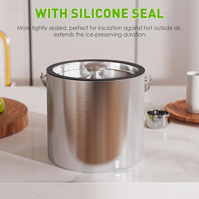 3.2L/3.4QT Insulated Ice Bucket with Silicone Lid, Tongs & Strainer, Double Wall Stainless Steel Ice Bucket for Parties and Cocktail Bar, Upgraded Silicone Cover Keep Ice Frozen Longer