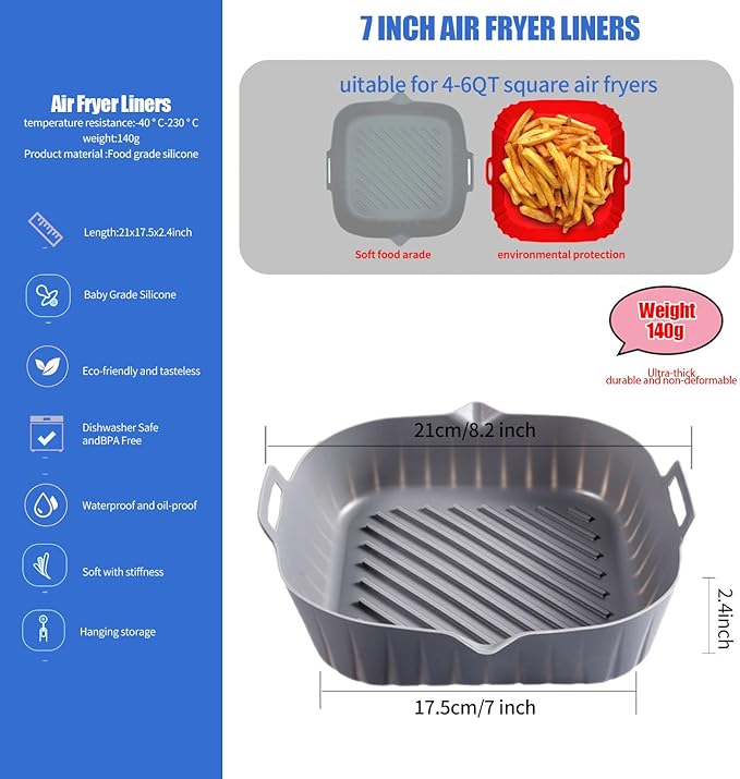 2 Pack Air Fryer Liners,8.2 Inch Silicone Airfryer Liners,Air Fryer Accessories,Reusable Baking Tray Oven Accessories,Replacement of Flammable Parchment Paper,Thickened(RED&GREY)
