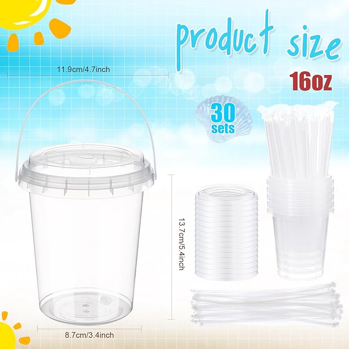 Funnymoom 30 Set Ocean Drink Buckets with Lids and Straws 34oz Large Clear Plastic Disposable Cups Bulk Rum Cocktail Pails with Handles & Stickers for Adult Summer Coastal Beach Pool Party Supplies