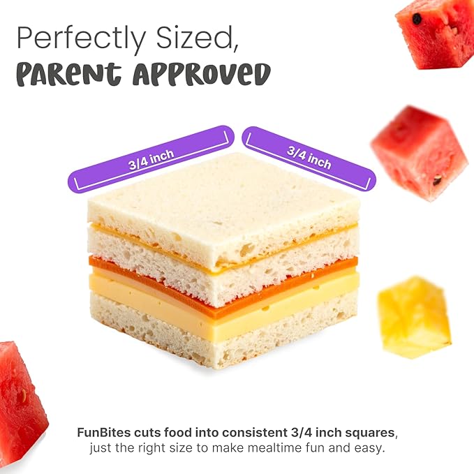 FUNBITES Crustless Sandwich Cutter for Kids Lunch (2-piece set), Uncrustable Sandwich Cutter, Bite-Size Food Cutter for Toddlers, Bento Box Accessories, BPA-FREE Dishwasher Safe, Purple Squares 1pk