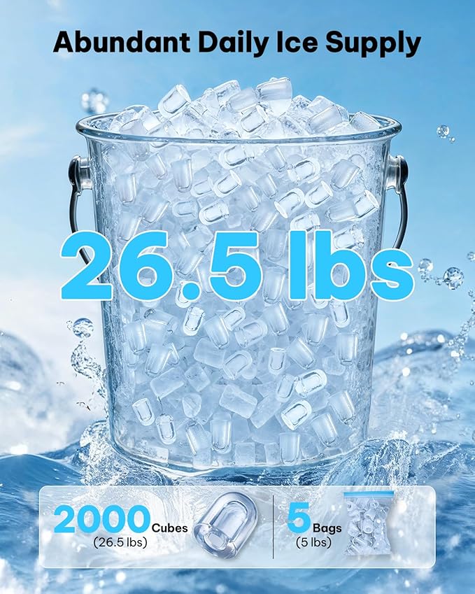 Silonn Ice Maker Countertop, 8 Ice Cubes in 6 Mins, 26.5 lbs/24H, 2 Bullet Ice Sizes, Self-Cleaning Bullet Ice Maker, Portable Ice Machine for Kitchen, Party, Office, and RV Camping