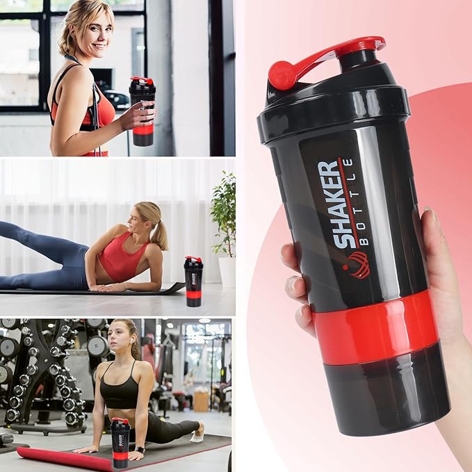 Protein Shaker Bottle,Sports Water Bottle,Leak Proof Shake Bottle For Protein Mixer,Non Slip 3 Layer Twist Off 3oz Cups with Pill Tray,Workout Shaker Bottle 16oz,Red