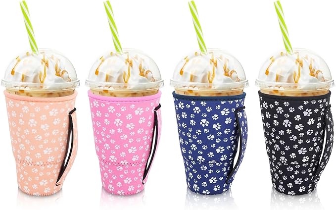 4Pack Reusable Iced Coffee Sleeve Insulator Sleeves for Cold Drinks Beverages, Neoprene Cup Holder for Most Coffee, Fits 30-32oz Large Cups (Paw Print)