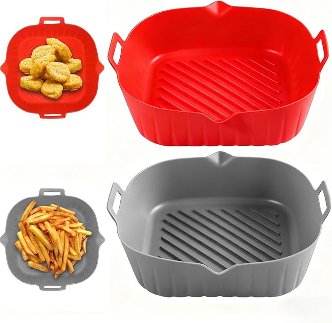 2 Pack Air Fryer Liners,8.2 Inch Silicone Airfryer Liners,Air Fryer Accessories,Reusable Baking Tray Oven Accessories,Replacement of Flammable Parchment Paper,Thickened(RED&GREY)