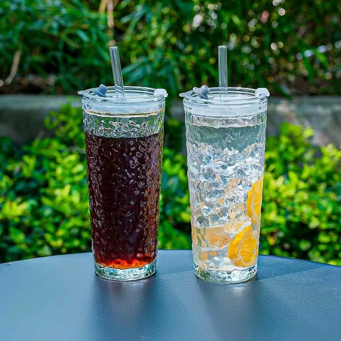 20oz Glass Tumblers with Lids and Straws - Stylish Vintage Ribbed Design for Iced Coffee, Juice, Smoothies, Milkshakes, Cold Beverages & Whiskey Cocktail Beer (Pure Bark - Texture)
