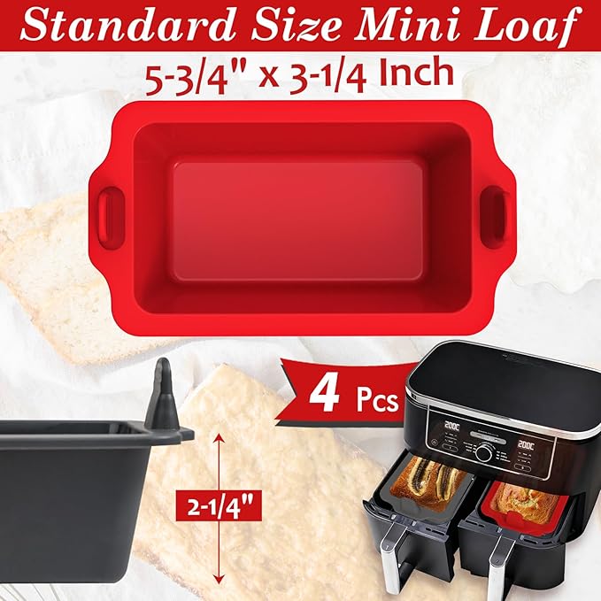 Webake 4 Packs Silicone Air Fryer Bread Loaf Pan for Baking, 6x3 Nonstick Mini Loaf Pan wih Handle BPA Free