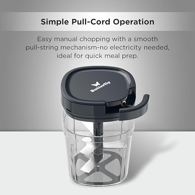 Butterfly 3.8 Cups Premium Plastic Manual Food Chopper, Hand Pull String Onion Vegetable Mincer Dishwasher Safe, 900ml, Blue