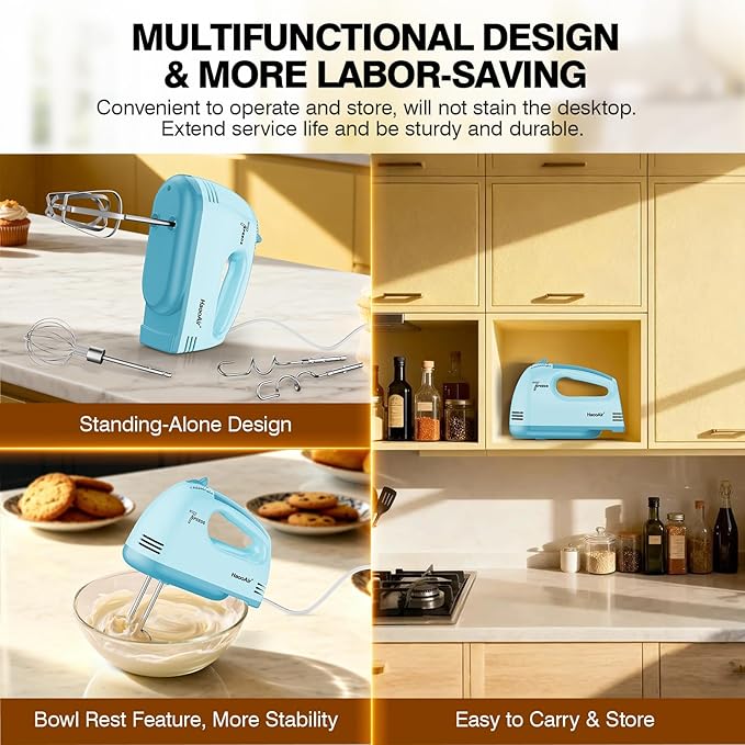 Electric Handheld Mixer, 7-Speed Adjustable Kitchen Mixer, 5 Stainless Steel Accessories (2 * Dough Hooks, 2 * Beaters, 1 * Whisk), Perfect for Kitchen and Baking Food Mixers, Blue