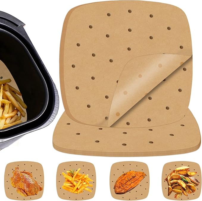 Numola 100 Pcs Air Fryer Liners Disposable Parchment Paper, 8 Inch Perforated Airfryer Sheets for Baking, Square Unbleached Non-Stick Steamer Liner for Oven, Microwave, Steaming Basket