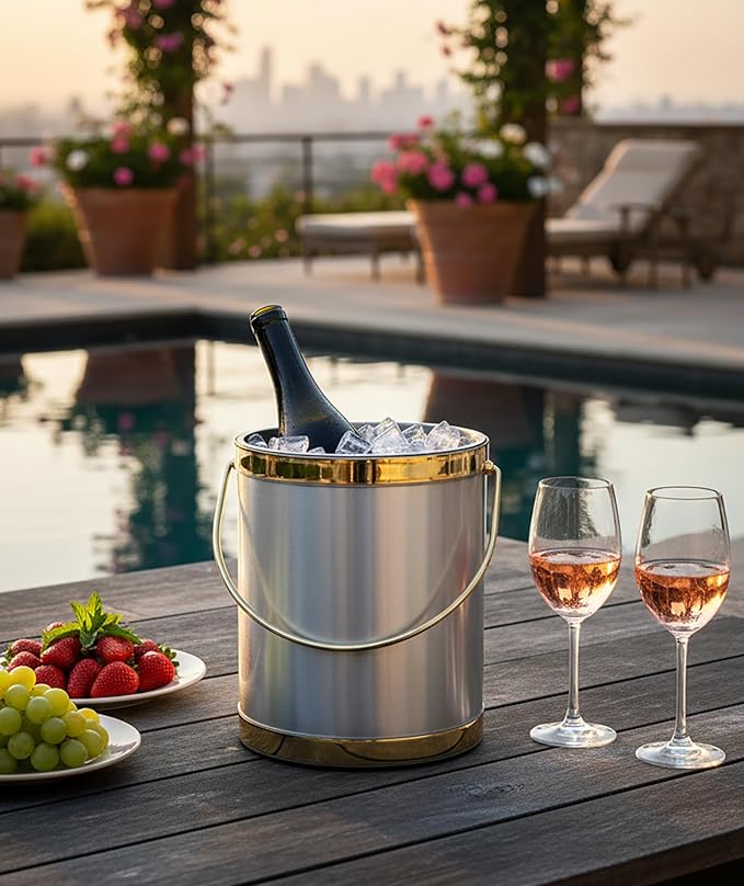 Made In USA Metallic Deco Collection Double Walled Insulated Ice Bucket With Ice Tongs (5-Quart, Silver & Gold)