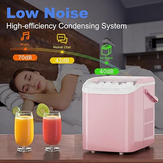 NEWBULIG Ice Makers Countertop with Handle, Portable Ice Machine, 9 Bullet Ice Cubes in 6 Mins, 26lbs in 24Hrs, Auto-Cleaning, with Basket and Scoop, for Home, Kitchen, RV, Camping,Pink