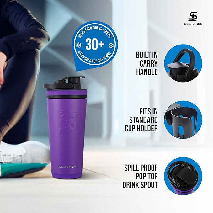 Ice Shaker Insulated Stainless Steel Shaker Bottle | 26oz, Purple | Cold for 30+ Hours | Insulated Cup with Twist-on Agitator | Odor-Free Bottle for Protein Shakes, Water, Smoothies, Cocktails