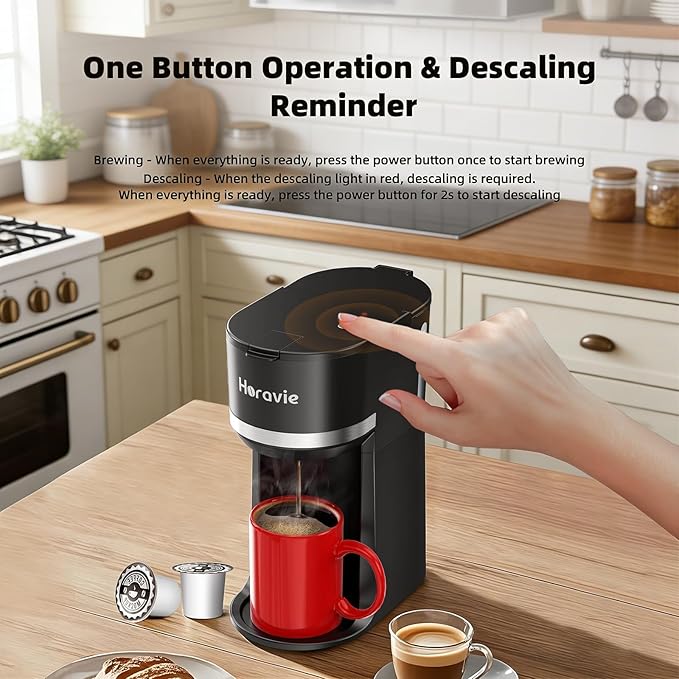 Horavie Small Single Serve Coffee Maker for K Cup and Grounds, Fast Brew One Cup Coffee Machine with One Button, 6 to 12 oz. Brew Sizes, Perfect for Home and Travel, Black