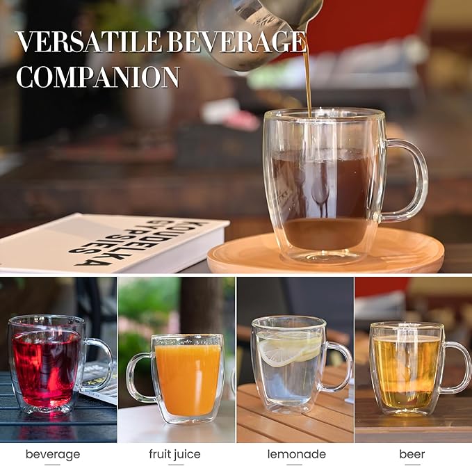 YUNCANG Double Wall Coffee Mugs, (4-Pcak) 16 Ounces-Clear Glass Cups with Handle,lnsulated,Cappuccino,Tea,Latte Cups,Beverage Glasses Heat Resistant