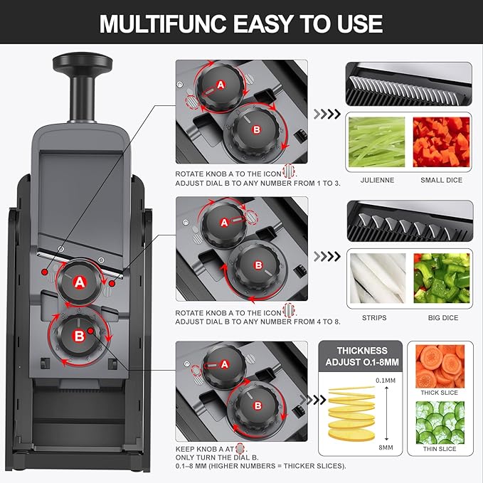 SupMaKin 2026 Upgrade Safe Mandoline Slicer,Multi Vegetable Chopper,Potato Slicer, Onion Chopper with Drain Basket Storage Container, Cheese Grater Kitchen Chopping Artifact (Black)