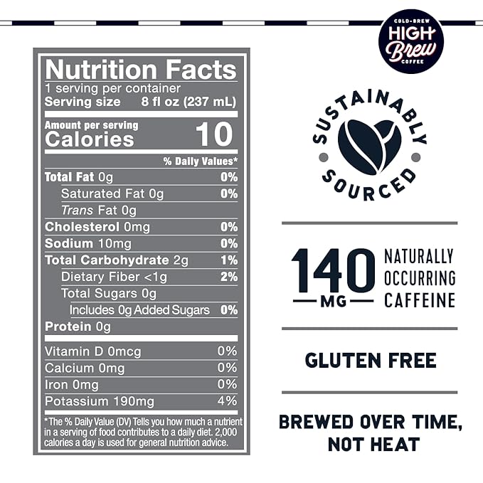High Brew Black & Bold Cold Brew Coffee,Caffeinated,Dairy Free,8 Ounces,(Pack of 24)