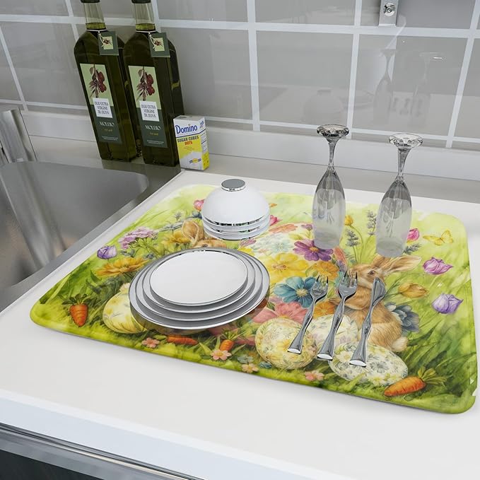 Easter Egg Dish Drying Mat 18x24 Inch Bunny Floral Green Drying Pad for Kitchen Counter Washable