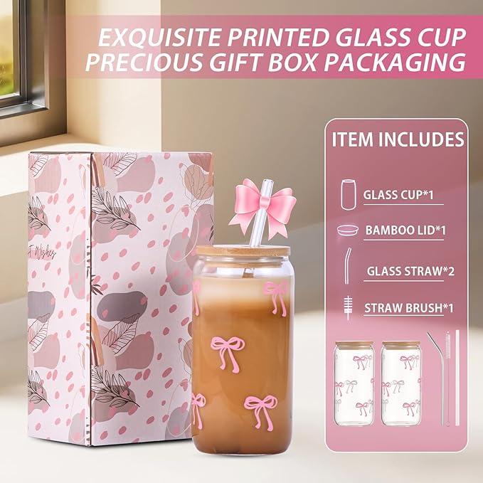 Cute Pink Bow Glass Cups with Lids & Straws, Aesthetic Iced Coffee Cup, Girly Preppy Design Tumbler Mug, Birthday Valentine Gifts for Women, Teen Girl Gifts Trendy Stuff