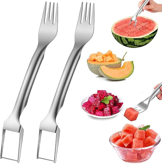 Watermelon Cutter Slicer Fruit Tool - 2-in-1 Stainless Steel Watermelon Cube Cutter, 2026 New Upgrade Dual Head Watermelon Fork Slicer Tool, Summer Fruit Cutting Kitchen Gadget for Home (2PCS)