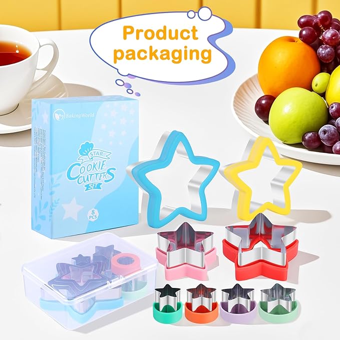 8-Piece Star Cookie Cutter Set with Storage Box - Heavy Duty Stainless Steel Baking Tools, Plastic Handles, Dishwasher Safe, Kids Friendly for Cookies, Biscuits, Vegetable, Fruit and Sandwiches