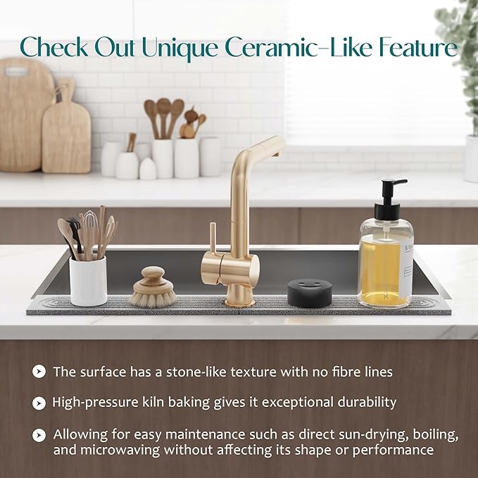 Stone Faucet Mat for Kitchen Sink, Diatomite Stone Drying Mat for Kitchen Counter, 2026 Upgraded Dishwasher-Safe & Ultra Absorbent, Chemical-Free Stone Dish Mat for Bottles Utensils (30" x 3.9")
