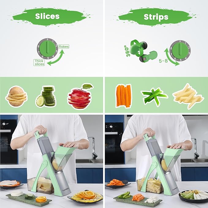 SUPMAKIN Safe Mandoline Slicer, Adjustable Vegetable Food Slicer and Chopper, Potato Fries Fry Cutter, Veggie Salad Chopper, New Kitchen Chopping Artifact Gifts 2024 (MC Green)