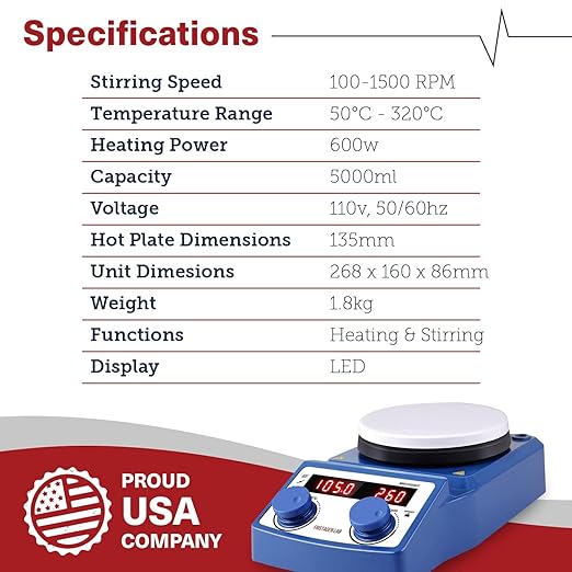 Fristaden Lab Magnetic Stirrer Hot Plate | Heavy Duty | USA Company | 5 L Capacity | Precision Temperature Control | Temperature Sensor Included | Stand-Free Operation