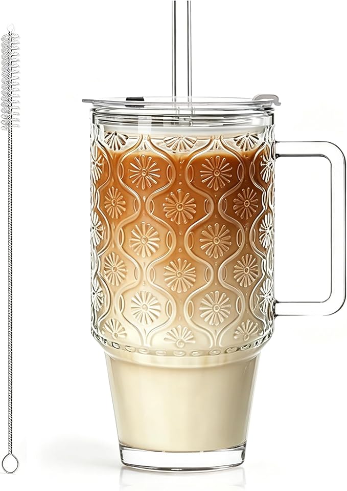 KEMORELA 24 Oz Ribbed Glass Tumblers with Lids and Straws, Tumbler Cup with Handle, Iced Coffee Glassware, Clear Reusable Drinkware for Smoothies and Beverages(1)