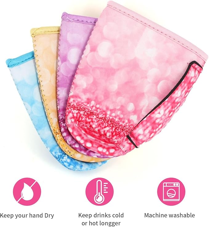 4Pack Reusable Iced Coffee Sleeve Insulator Sleeves for Cold Drinks Beverages, Neoprene Cup Holder for Most Coffee, Fits 22-24oz Medium Cups (Glitter Pattern)