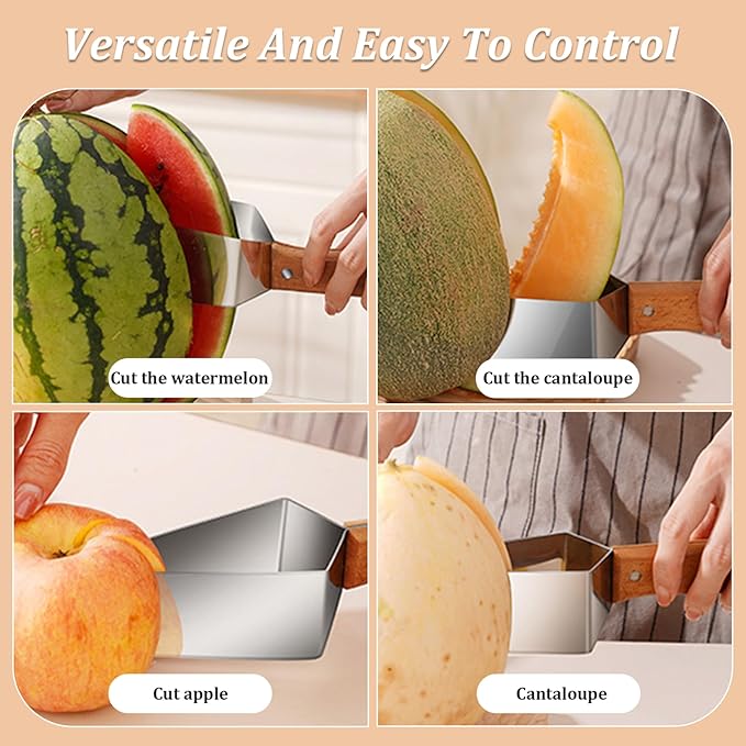 Watermelon Cutter Rectangular Stainless Steel Watermelon Slicer with Wood Handle and Blade Sleeve Polished Sharp Fruit Cutter for Apples, Hami MelonWatermelon