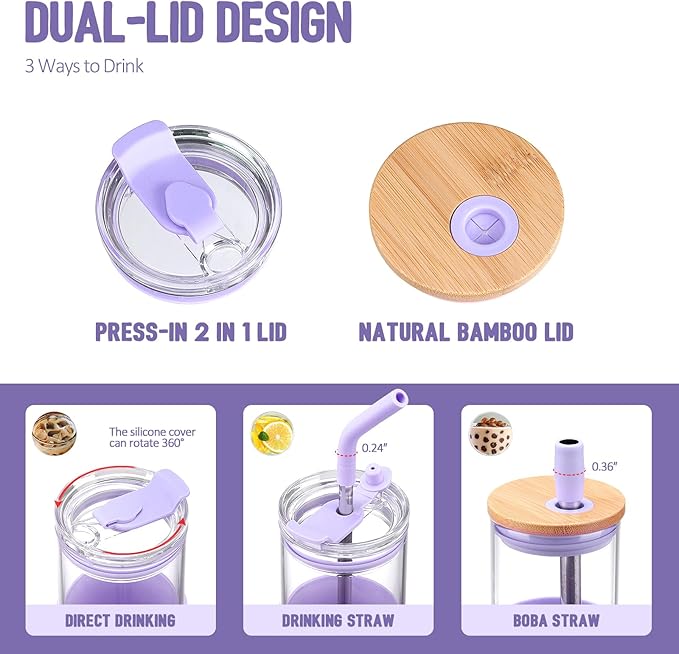 Kodrine 24oz Glass Tumbler with Lids and Straws|Bamboo & On the go Lid|Reusable Ice Coffee Cup with Silicone Sleeve, Glass Coffee Tumbler for Smoothie/Matcha, Dishwasher & BPA Free-Purple