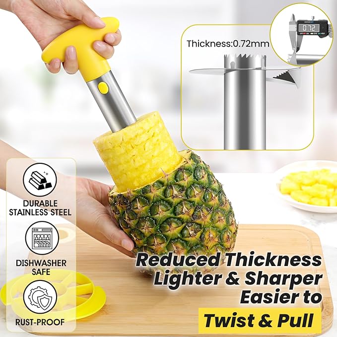 CUNSENR Premium Pineapple Corer and Slicer Tool - Pineapple Cutter with Sharp Serrated Tips - Easy to Use & Clean - Stainless Steel Core Remover for Pineapple - Slice and Core Fruits with Ease(Yellow)