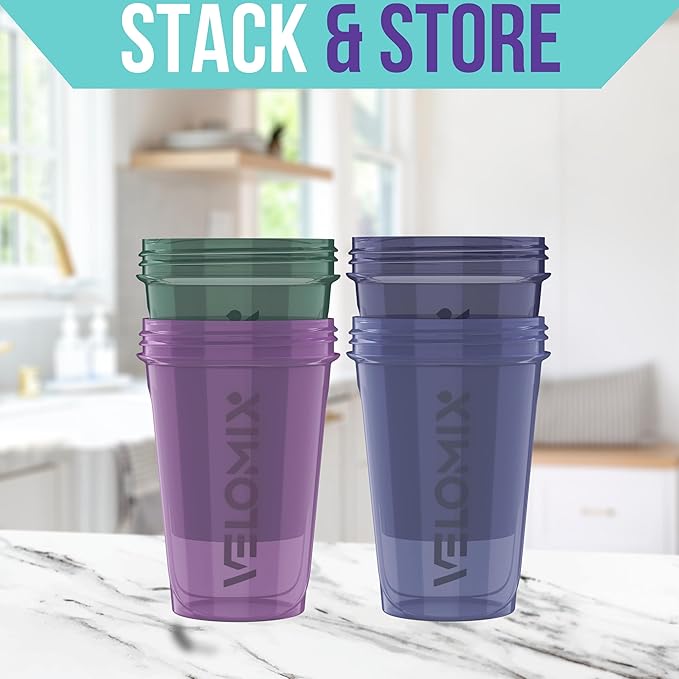 VELOMIX -4 PACK- 20 oz Protein Shaker Bottle for Protein Mixes - 4x Wire Whisk | Leak Proof Shaker Cups for Protein Shakes | Stackable Protein Shaker Bottle Pack | Dishwasher Safe (Blue Mirage)