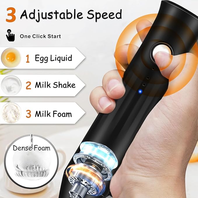 Milk Frother Handheld Rechargeable USB C, 3-in-1 Coffee Frother Wand Drink Mixer Electric Whisk Stirrer with 3 Detachable Stainless Steel Heads, 3 Speed Powder Mixer Foam Maker for Mom's Gift, Black