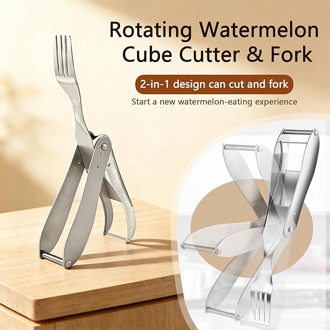 Watermelon Cutter, 2-in-1 Stainless Steel Fruit Cutter, Dual Head Watermelon Fork Slicer Tool, Summer Fruit Cutting Kitchen Gadget for Home (Fold-1PCS)