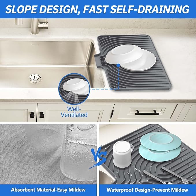 JACZZO Silicone Dish Drying Mat for Kitchen Counter - 14.7x10.2 Inch Non-Slip Drying Matt with Slope Drain, Dish Sponge Holder, Heat Resistant Mat (Grey)