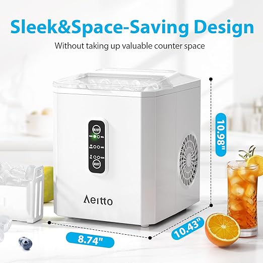 Aeitto Ice Makers Countertop, 26Lbs/24H, 9 Ice Cubes Release in 6 Mins, 2 Sizes of Bullet Ice Machine,Self-Cleaning Portable Ice Maker with Ice Scoop and Basket for Home Kitchen Office Bar RV, White