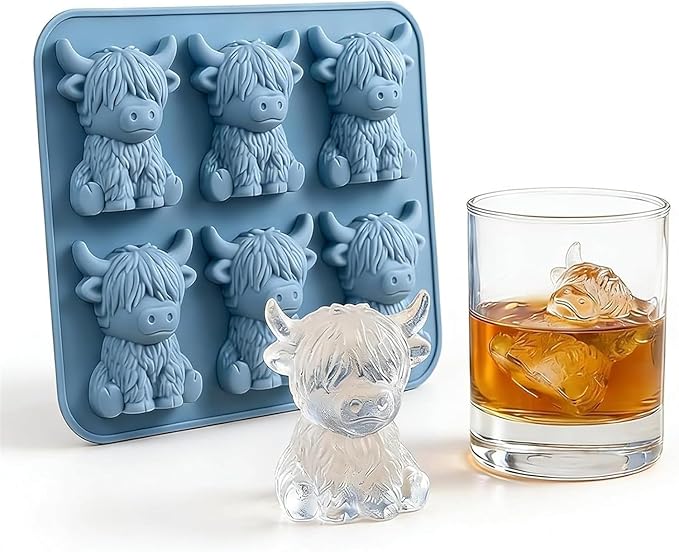 Mini Highland Cow Ice Cube Mold, Highland Cow Ice Cube Tray, 3D Cute Cattle Silicone Ice Cube Trays for Whiskey Cocktails Beer Coffee & Drinks Party, Reusable Animal Ice Cube Tray (6-Cavity)