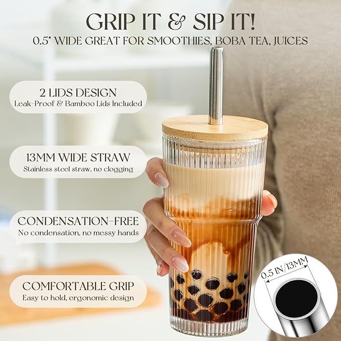 KEMORELA 20oz Ribbed Glass Tumblers with Bamboo & 2 in 1 Leak-proof Lids, Extra-Wide 13mm Reusable Stainless Steel Straws, 4Pcs Vintage Drinking Glasses for Boba, Iced Coffee,Smoothies,Travel Cups
