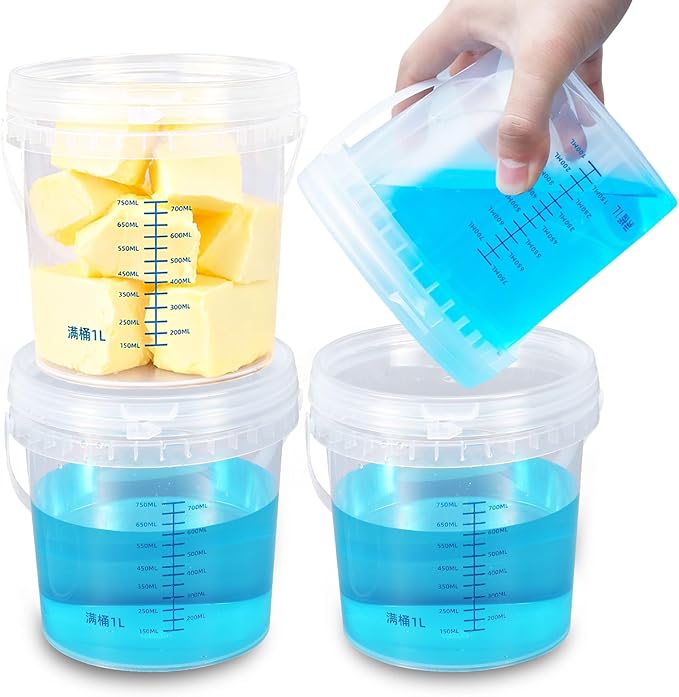 4 Pack 34 Clear Plastic Buckets with Secure Pressure Lids - Food Safe Storage Containers with Tear Strip & Blue Lines, Ideal for Food, Soup, Freezer Storage