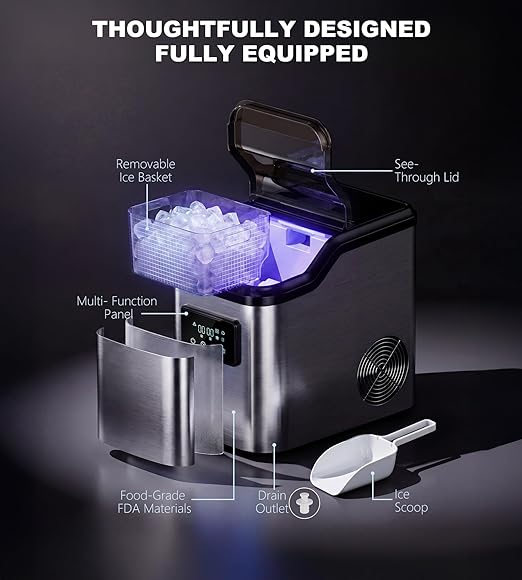 Landeagle Nugget Ice Makers Countertop,Portable Pebble Ice Machine with Crushed Ice,10lbs/Day Soft Pellet Ice Maker Stainless with 24H Timer, Self-Cleaning Chewable Sonic Ice for Home,Kitchen,Office