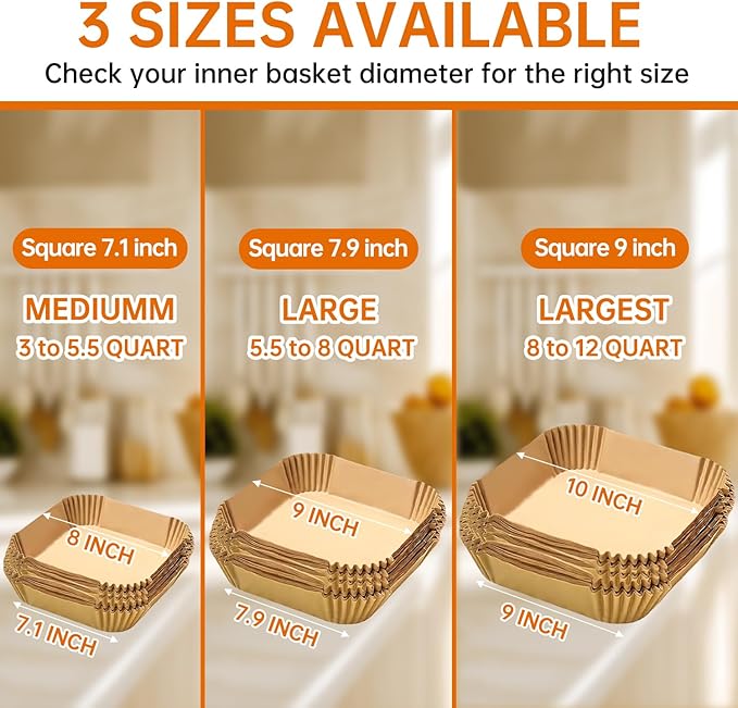 Air Fryer Paper Liners for 4 qt / 5 qt / 6 qt, Thickened Square Disposable Liner Compatible with Ninja/Chefman/Cosori/Instant Pot and other 4q-6qt Airfryer (8.3'' on Top)