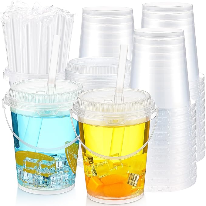 Funnymoom 50 Set 34 oz Clear Drink Buckets with Lids and Straws, Disposable Plastic Rum Cocktail Pails with Handles Large Smoothie Cups for Adult Bachelorette Party Supplies Beach & Catering Events