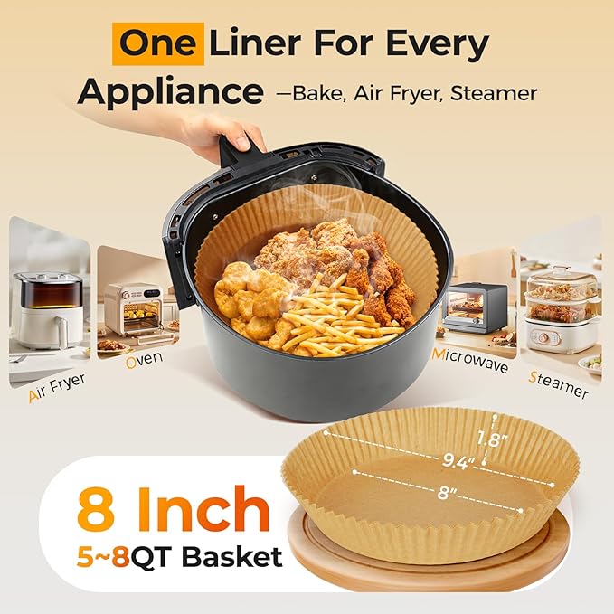 Vailnd Air Fryer Liners Disposable for Ninja, 150 Pcs 8" Round Airfryer Paper Liner Heavy-Duty, Non-Stick and Grease-Proof Parchment Paper Sheets for 5-8 qt Basket Air Fryers Oven Steamer