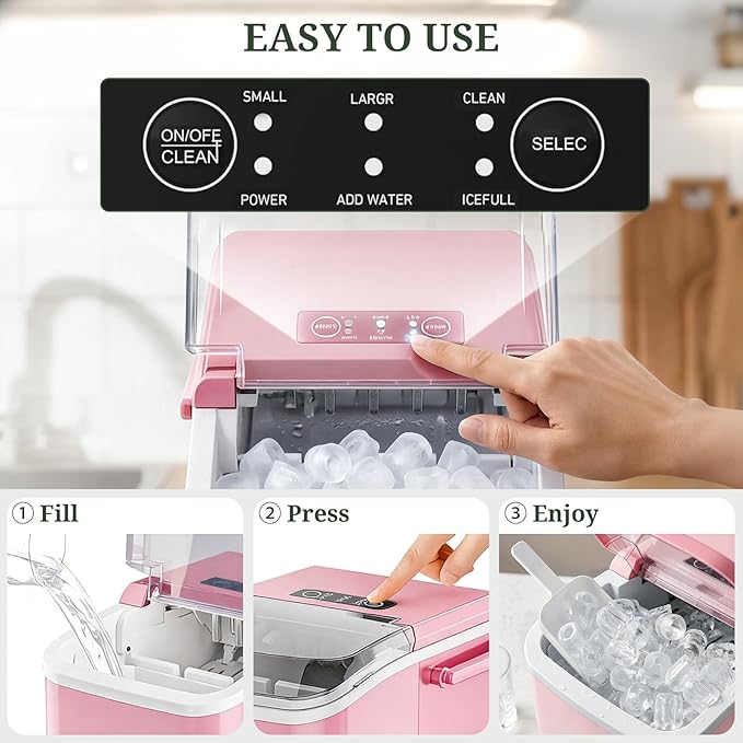 Ice Maker, Portable Ice Makers Countertop with Handle, Basket & Scoop, 26Lbs/24Hrs, 9 Bullet Ice Cubes in 6 Mins, 2 Ice Sizes, Self-Cleaning, Quiet Compact Ice Machine for Home Kitchen Party, Pink