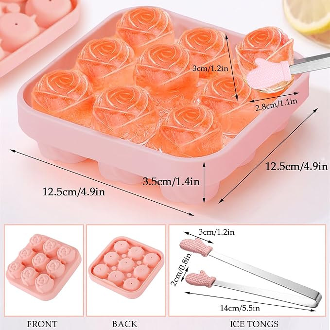 Ice Cube Mold with Lid, Silicone Rose Ice Cube Tray with Mini Tongs, Rose Ice Cube Trays for Freezer, Easy Release Ice Trays Maker, Make 9 Ice Ball Maker Mold Flower Ice Tray Mold for Cocktail