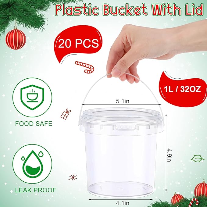 PerKoop 20 Pcs 32 oz Ice Cream Buckets with Lids and Handles Clear Cocktail Rum Buckets with Stickers Plastic Transparent Tub Reusable Food Storage Containers for Parties(Santa)