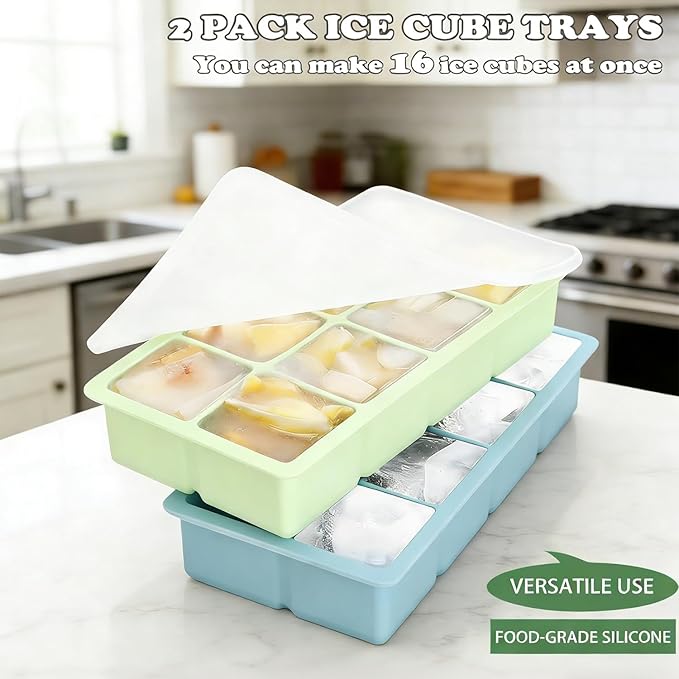 Large Square Ice Cube Molds (2-Pack),Silicone Ice Cube Trays for Freezer with Lid,Easy Release Stackable 2 inch Huge Cubed Ice Trays for Whisky