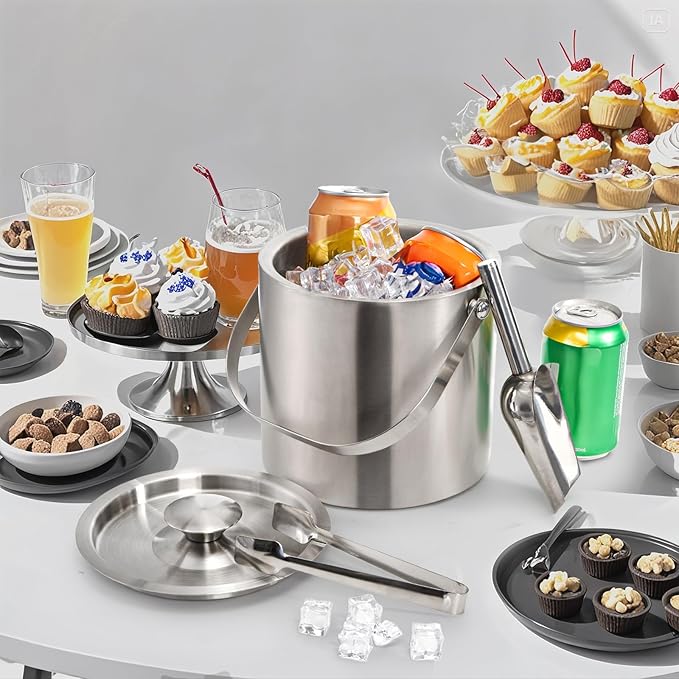 Tebery Stainless Steel Insulated Ice Bucket with Lid and Tong Double Walled Silver Barware Serveware for Parties Events Gatherings - 6.7H x 7.5W Inches